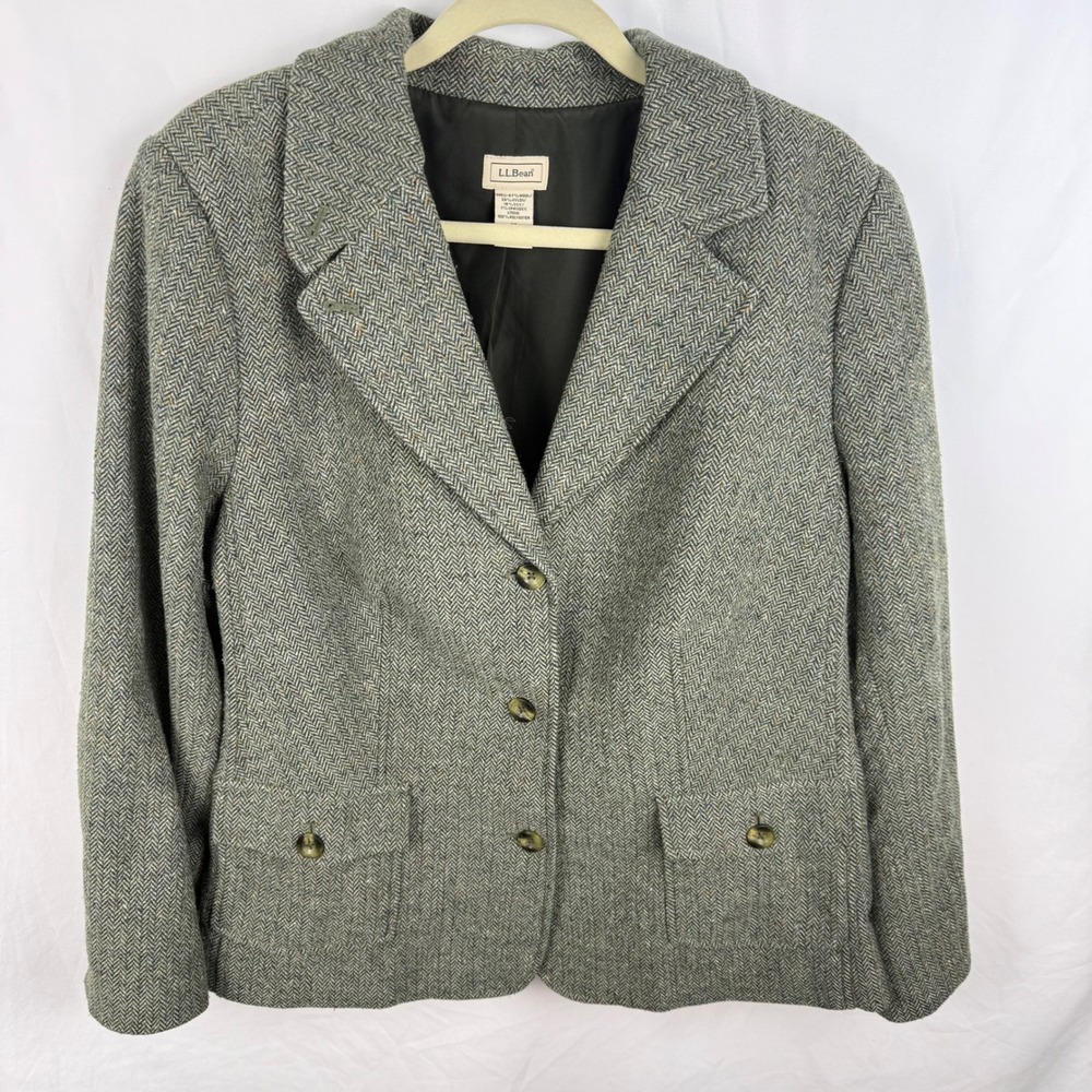 LL Bean Women's Green Wool Silk Herringbone Jacket Blazer 2X Single Breasted
